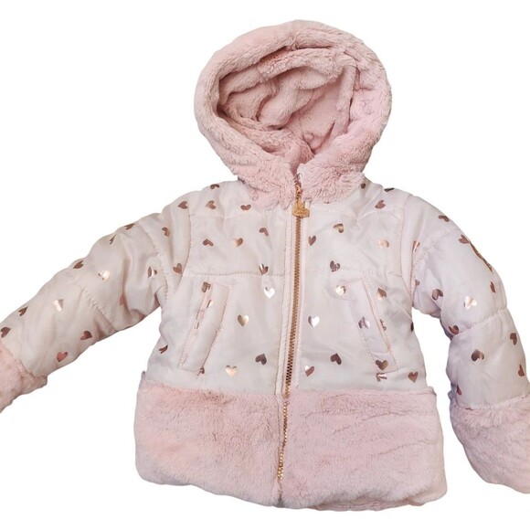 Betsy Johnson Girls Pink Coat Size 2T SUPER SOFT Hooded Pockets Faux Fur Hearts - Picture 1 of 9